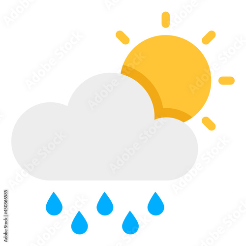 Sun with cloud and raindrops, icon of sunny rainy day