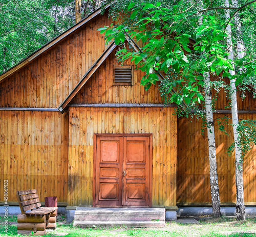 Wooden house in the forest for relaxation. Small resort wooden house.