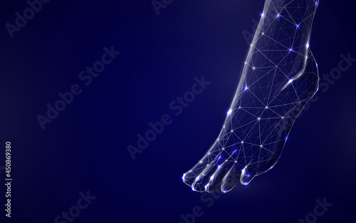 3d Human feet from lines, triangles and particle style design. Illustration vector photo