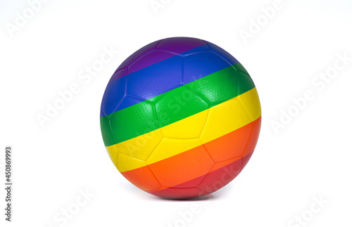 Colorful futsal soccer ball with rainbow color stripes isolated on white background