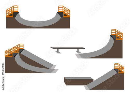イラスト素材：スケートパークで使用されるスケートボードの練習道具（セクション）の組合せイラスト（主線なし） photo