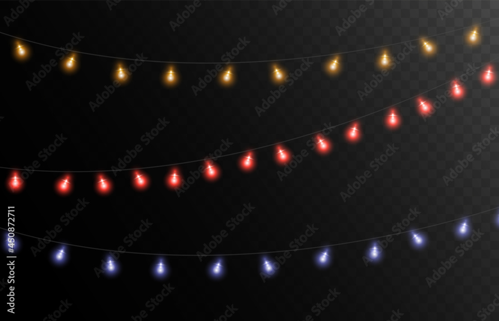 Christmas Lights Design Elements Glowing Lights for Christmas Holiday Cards, Banners, Posters, Web Designs Realistic Garland Vector Illustration