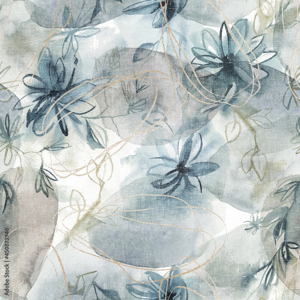 Fototapeta Watercolor seamless pattern with gold elements. Floral print. Hand drawn  illustration