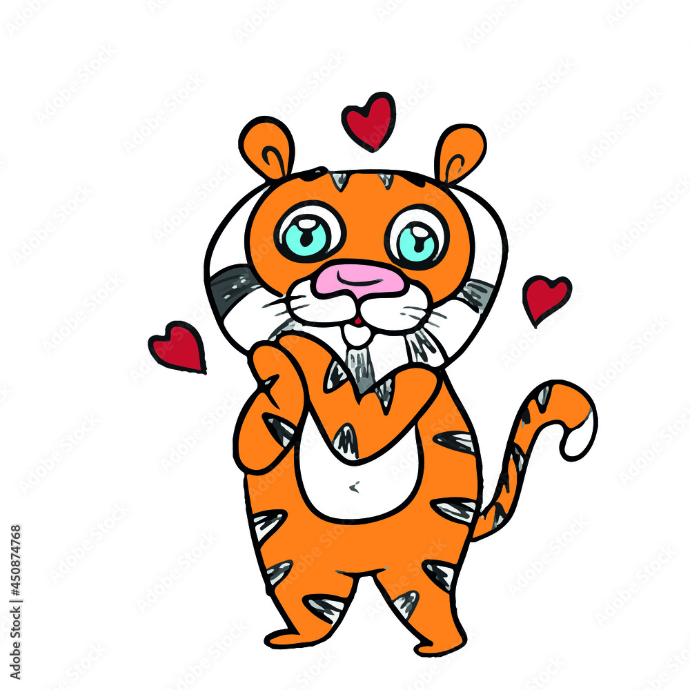 Vector design on a white isolated background for postcards, banners, stickers for social networks.Funny tiger Vector design on a white isolated background for postcards, banners, stickers for social networks.Funny tiger