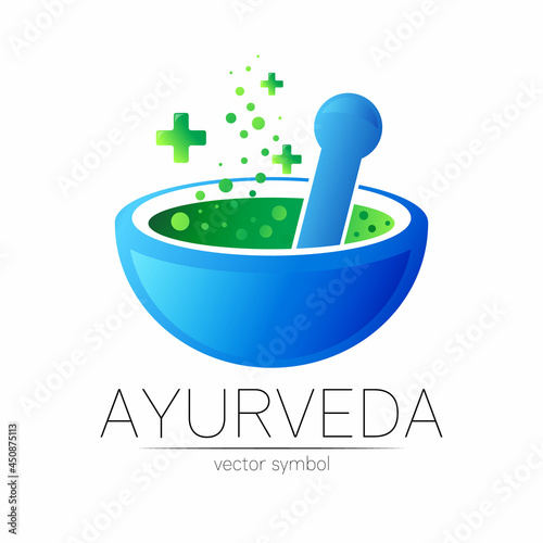 Ayurvedic Creative vector logotype or symbol. Mortar and pestle concept for business, medicine, therapy, pharmacy, ayurveda. Herbal Logo Design for label. Simple bowl and few cross.