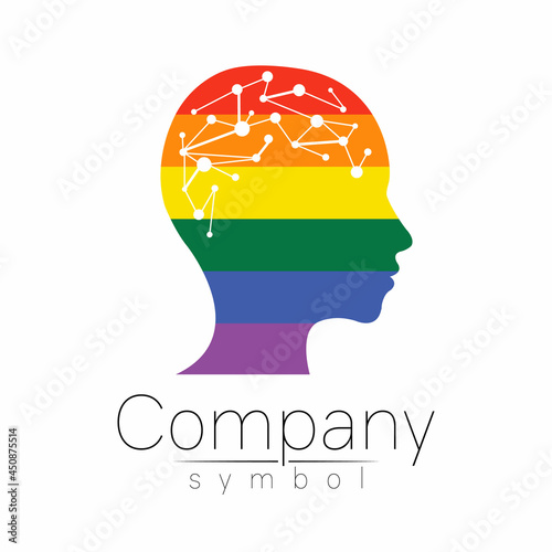 Vector logotype symbol of human head. Profile face logo. Rainbow color isolated on white . Concept sign for business, science, psychology, medicine, LGBT. Creative sign design Man silhouette and brain photo