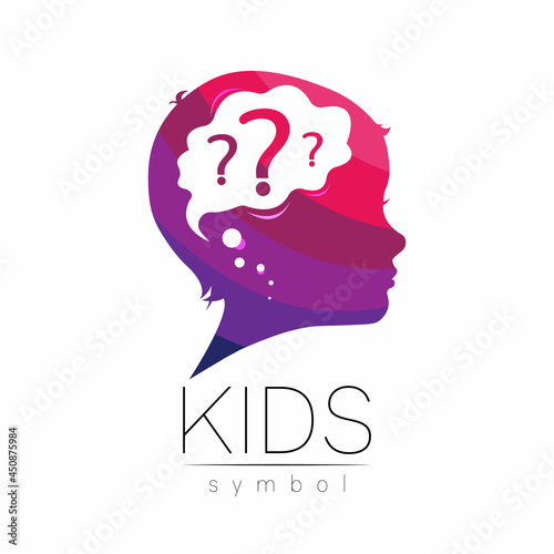 Children Vector Logo for Symbol of Care Teacher Kids and Caring. Silhouette profile human head. Concept logo for people, children, autism, kids, therapy, clinic, education.