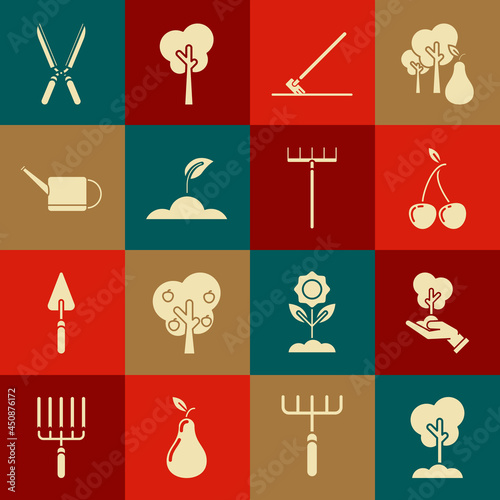 Set Tree in the ground, hand of environmental protection, Cherry, Garden rake work, Sprout, Watering can, Gardening handmade scissors for trimming and icon. Vector