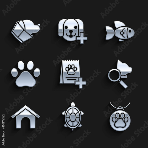 Set Bag of food for dog, Turtle, Collar with name tag, Veterinary clinic symbol, Dog house, Paw print, Fish and icon. Vector