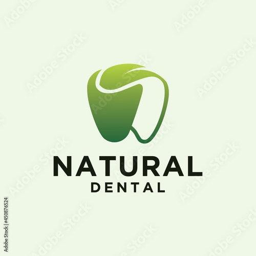 Dental logo leaf icon, dental care design with herbal concept, logo for dentist, isolated vector of green leaf and dental symbol, suitable for dentistry clinic or herbal toothpaste
