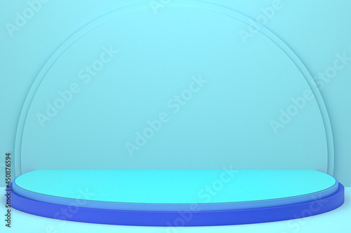 minimal podium or pedestal display on blue background for cosmetic product presentation
