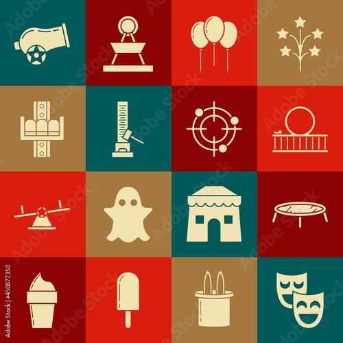 Set Comedy theatrical masks, Roller coaster, Balloons with ribbon, High striker attraction big hammer, Attraction carousel, Cannon and Target sport for shooting competition icon. Vector