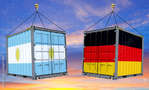 Trade exchanges between Germany and Argentina . Germany and Argentina flags .On containers, cloudy sky background , banner. 3d illustration