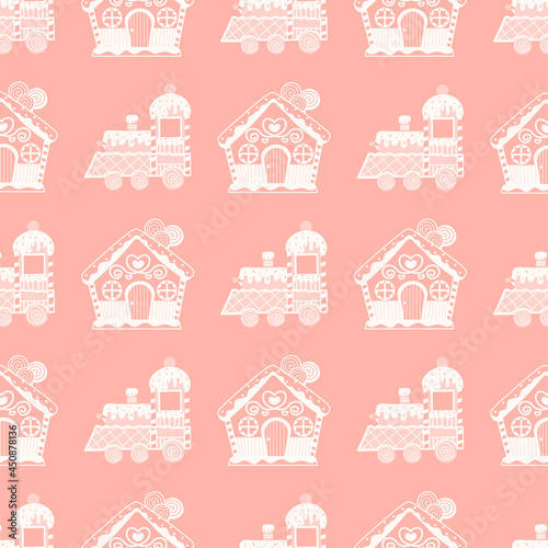 Hand drawn christmas pattern with sweet gingerman cookies of houses and train locomotive on light pink background for textile, wrapping paper or wallpaper, winter holiday ornate