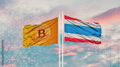 thailand flag and Bitcoin Flag waving over blue sky