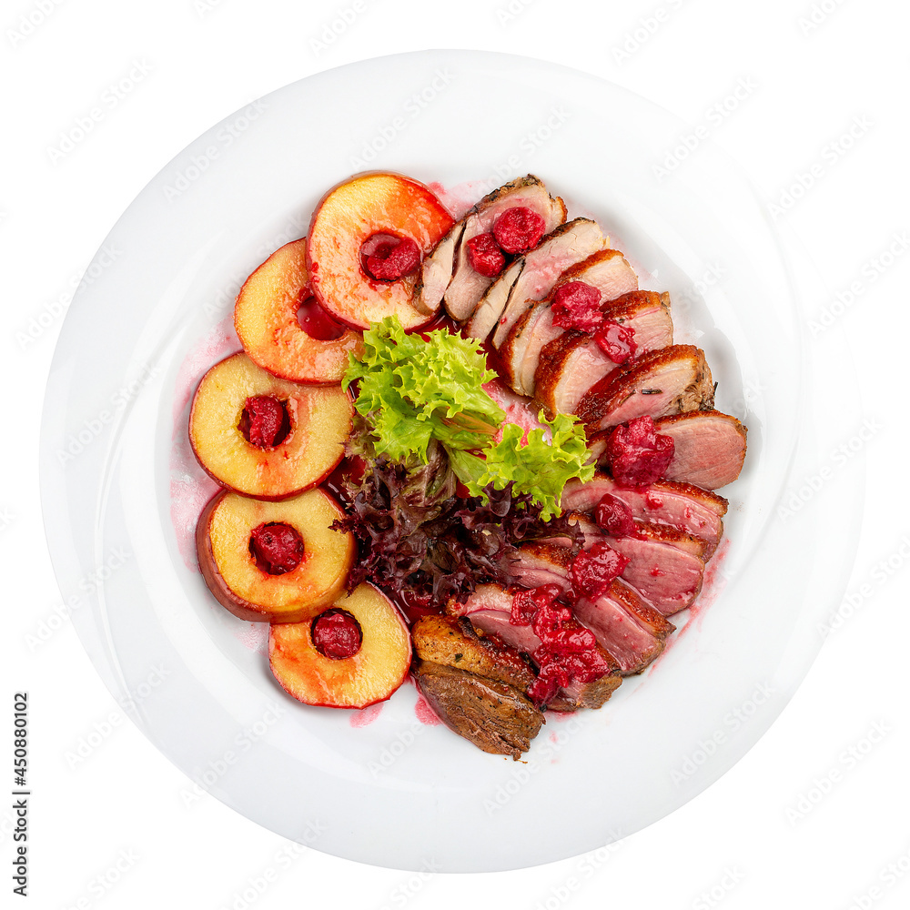 Duck breast mangre with berry confit and baked apple. On a white background Duck breast mangre with berry confit and baked apple. On a white background
