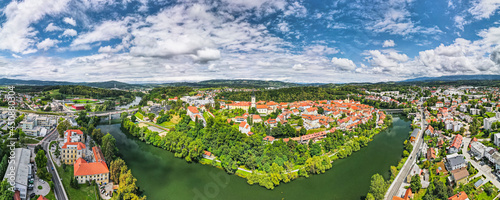 Novo Mesto Cityscape at Bend of the Krka River in Slovenia Lower Carniola Region. Aerial Drone View