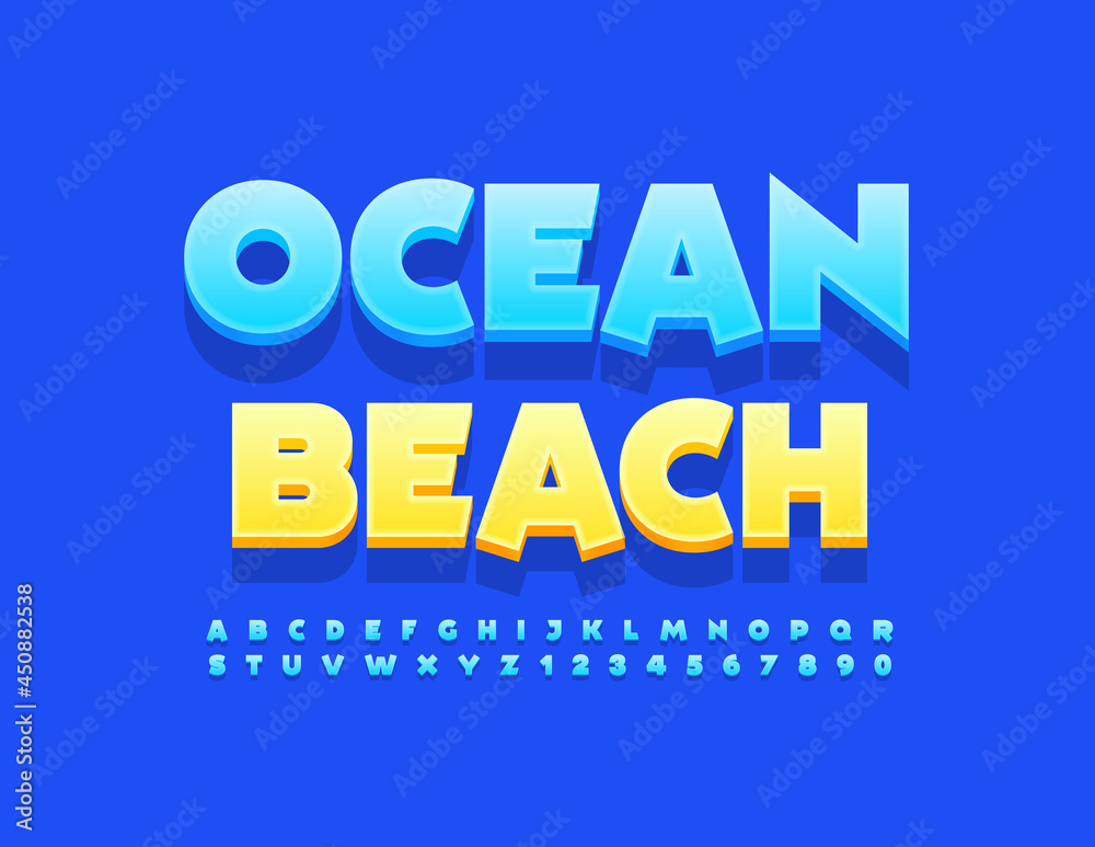 Vector bright banner Ocean Beach. Blue 3D Font. Playful Alphabet Letters and Numbers set