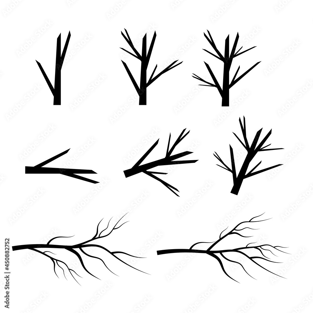 Bare tree branch silhouettes. Leaves, swirls and floral elements