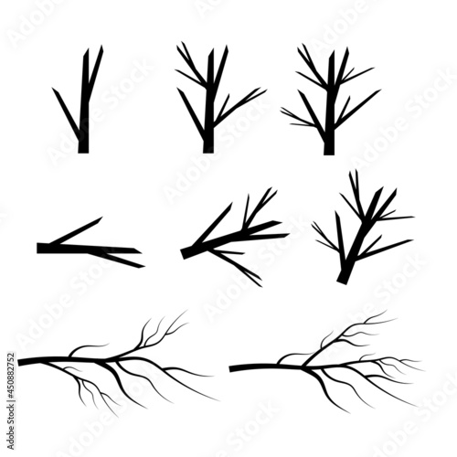 Bare tree branch silhouettes. Leaves  swirls and floral elements