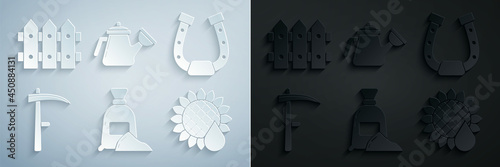 Set Bag of flour, Horseshoe, Scythe, Sunflower, Watering can and Garden fence wooden icon. Vector