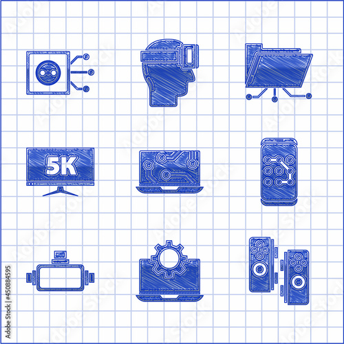 Set Laptop, and gear, Gamepad, Mobile graphic password protection, Virtual reality glasses, Monitor display with 5k video, Folder lock and Remote control icon. Vector