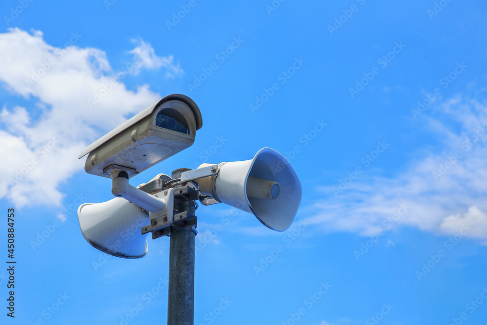 Horn speaker and cctv on top of pole Horn speaker and cctv on top of pole
