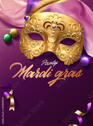 Mardi Gras Carnival Poster With Golden Mask Pink Satin Decoration 3D Illustration