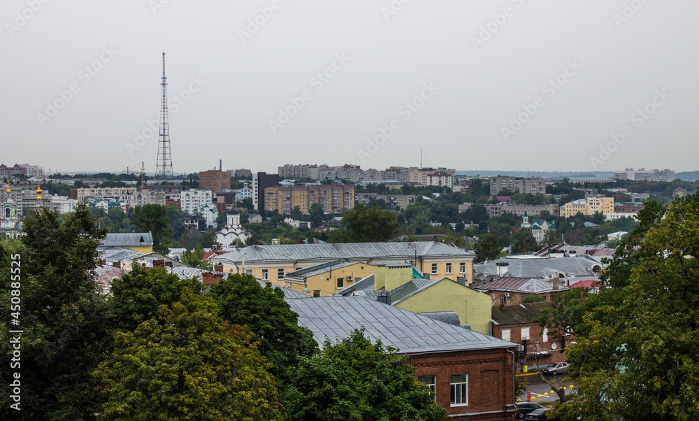 VLADIMIR, RUSSIA-AUGUST, 11, 2021: panoramic top view of the roofs of the historic buildings of the old city and the lush green foliage of trees on a cloudy summer day