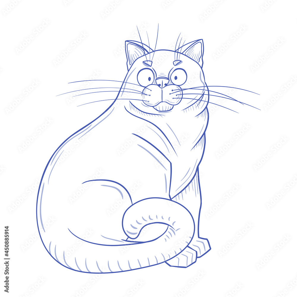 Hand-drawn sketch. Vector illustration of a cat. Linear drawing. Funny fat cat. The funny cat is sitting. Hand-drawn sketch. Vector illustration of a cat. Linear drawing. Funny fat cat. The funny cat is sitting.