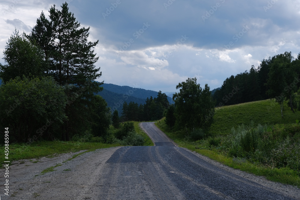 Asphalt road among forest and mountains