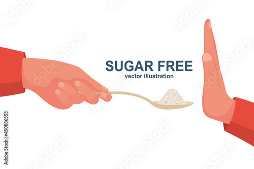 Sugar free. Human gesture hand refuses to sweet. No sugar. Harmful product. Healthy lifestyle. Vector illustration flat design. Isolated on white background.