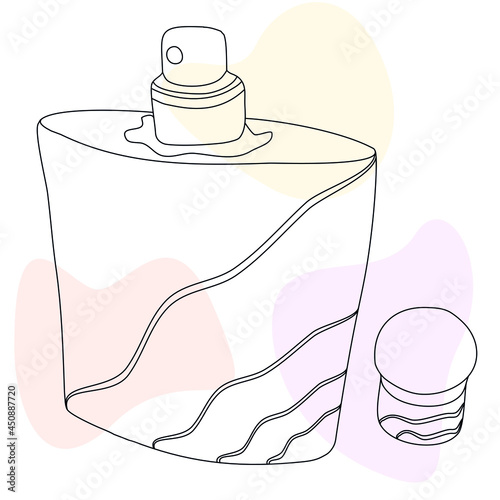 Parfume bottle. Hand-drawn vector line art with abstract color spots.