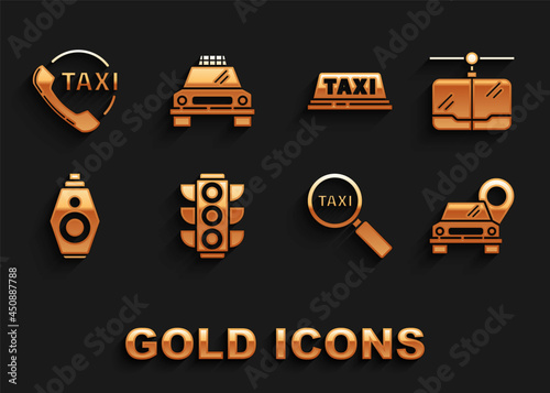 Set Traffic light, Cable car, Map pointer with taxi, Magnifying glass and, Car key remote, Taxi roof, call telephone service and icon. Vector