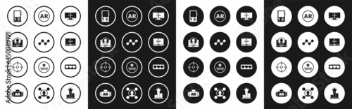 Set Computer monitor, Share, Create account screen, Portable video game console, Laptop, Ar, augmented reality, Like and heart and Target sport icon. Vector
