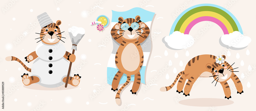 Tiger set of snowman, summer beach, rainbow illustration in color on beige background for calendar 2022, t-shirt print, card invitation, nursery poster. Flat vector illustration