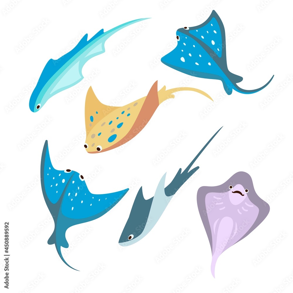 Set of cute colorful stingrays cartoon vector illustration. Different  swimming Manta Rays, sea animals living in ocean. Animal, nature, fish, sea  concept for banner design or landing page Stock Vector