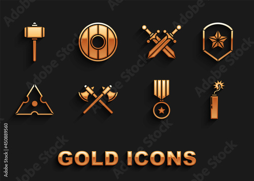 Set Crossed medieval axes, Police badge, Dynamite bomb stick clock, Military reward medal, Japanese ninja shuriken, sword, Battle hammer and Round wooden shield icon. Vector