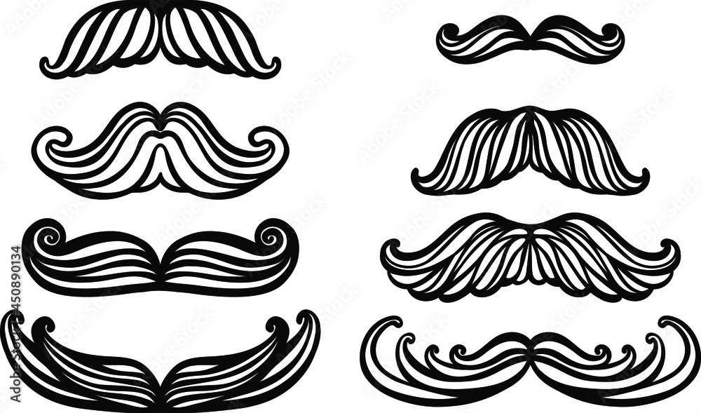 Big set of hand drawn vector mustache. Funny mustache. Collection of cartoon barber silhouette hairstyle . Various types of whiskers.Isolated. Vector illustration Big set of hand drawn vector mustache. Funny mustache. Collection of cartoon barber silhouette hairstyle . Various types of whiskers.Isolated. Vector illustration