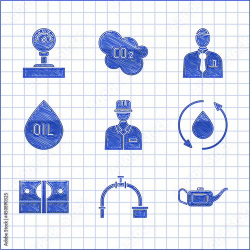 Set Oilman, Industry pipe and valve, Canister for motor oil, drop, Stacks paper money cash, Businessman stock market trader and Gauge scale icon. Vector