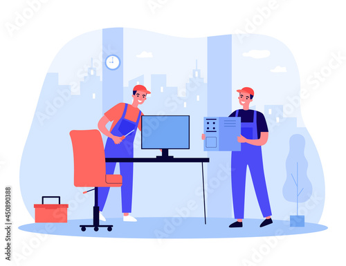Professional technicians repairing computer in office. Men in uniform with repair tools flat vector illustration. Technology, computer service concept for banner, website design or landing web page