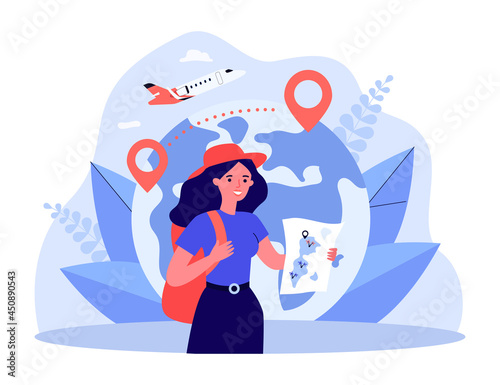 Happy tourist holding map in front of globe with location pins. Woman with backpack, plane in background flat vector illustration. Traveling, tourism concept for banner, website design or landing page