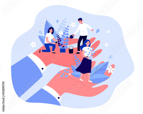 Giant cartoon hands holding people with potted plants. Man and woman watering flower flat vector illustration. Gardening, ecology, nature concept for banner, website design or landing web page