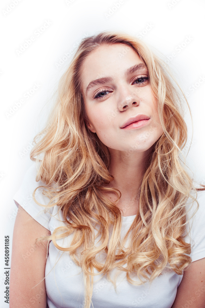 young pretty stylish blond hipster girl posing emotional isolated on white background happy smiling cool smile, lifestyle people concept young pretty stylish blond hipster girl posing emotional isolated on white background happy smiling cool smile, lifestyle people concept