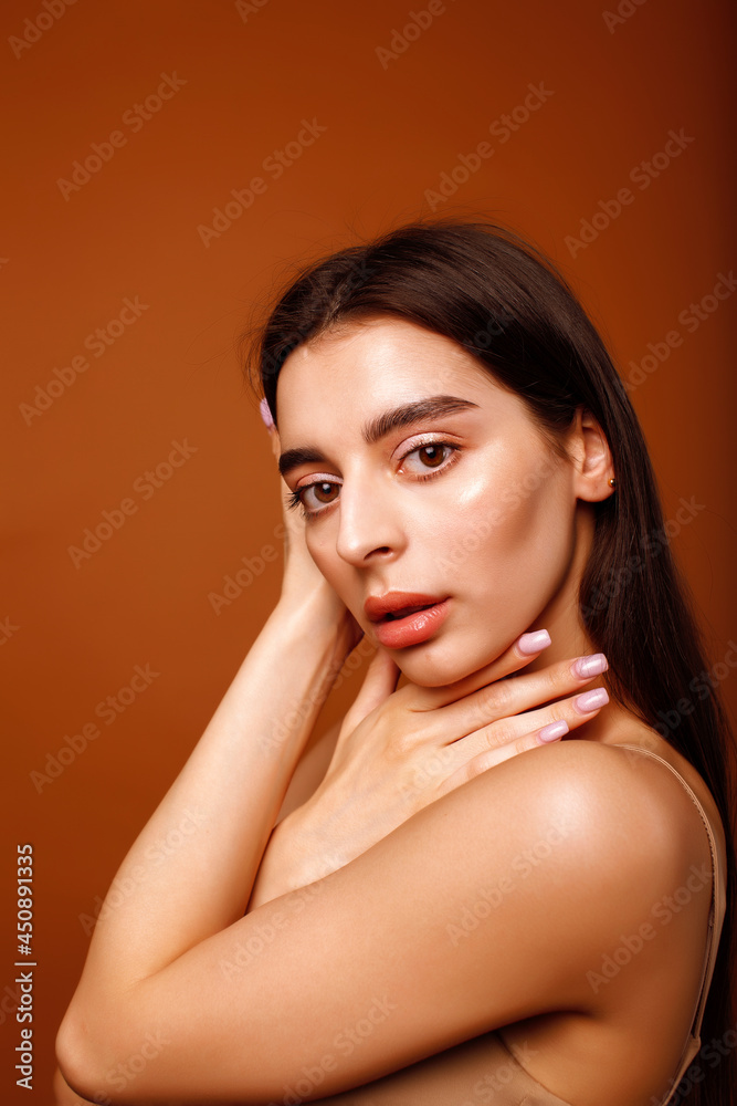 cute happy young indian woman posing cheerful on brown background in studio close up smiling, fashion beauty cute happy young indian woman posing cheerful on brown background in studio close up smiling, fashion beauty