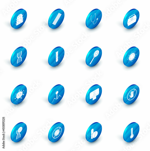 Set Pills in blister pack, Stethoscope, First aid kit, DNA symbol, Virus, Blood test and virus, and under magnifying glass icon. Vector
