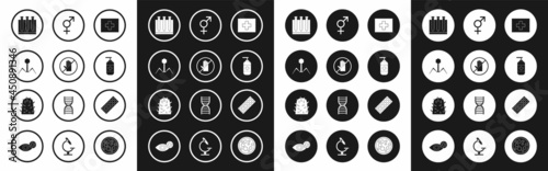 Set First aid kit, No handshake, Bacteria bacteriophage, Blood test virus, Bottle of liquid antibacterial soap, Gender, Pills in blister pack and Rabies icon. Vector
