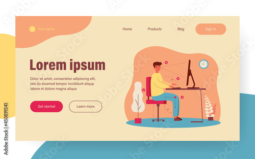 Man sitting at desk in correct position flat vector illustration. Cartoon guy working in right posture for healthy back and keeping distance between computer and eyes. Ergonomic office work concept