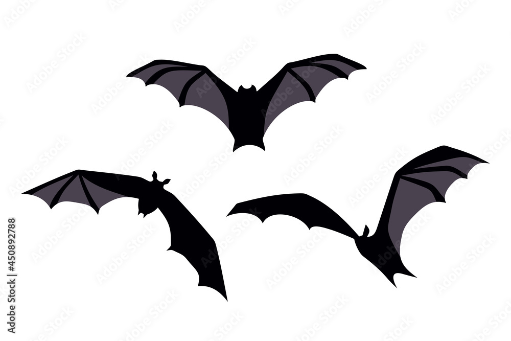 Vector Halloween set of three flying black bats isolated on a white background. Vector Halloween set of three flying black bats isolated on a white background.
