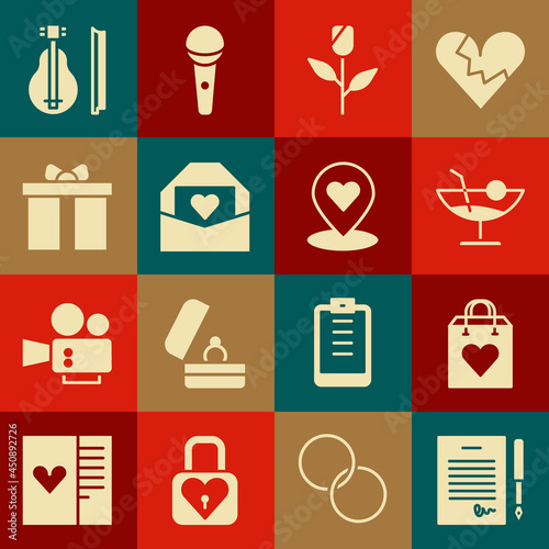 Set Marriage contract, Shopping bag with heart, Cocktail, Flower rose, Envelope Valentine, Gift box, Violin and Location icon. Vector